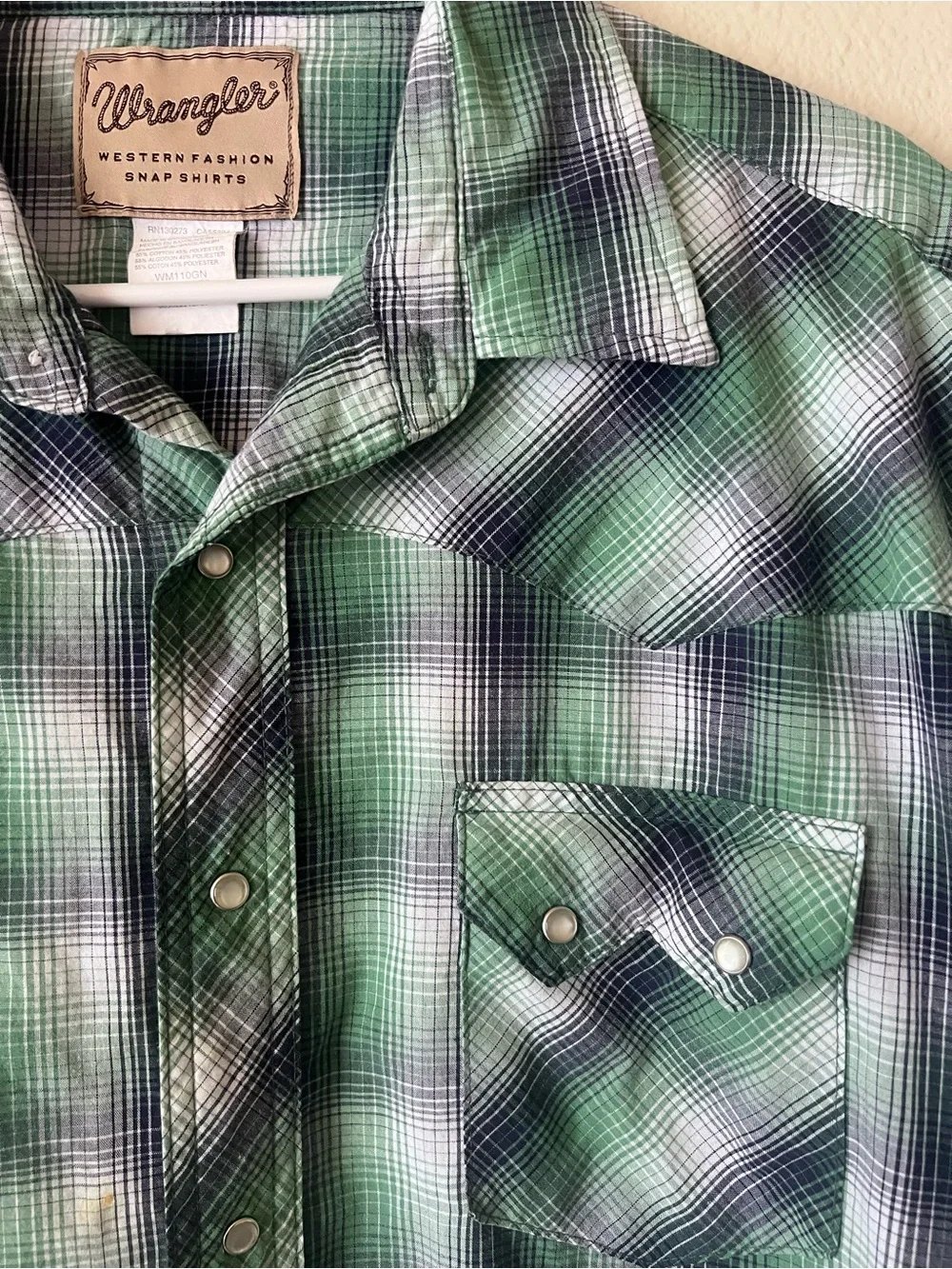 Vintage Wrangler Western Snap Shirt Mens XXL Green Navy Ombre Plaid